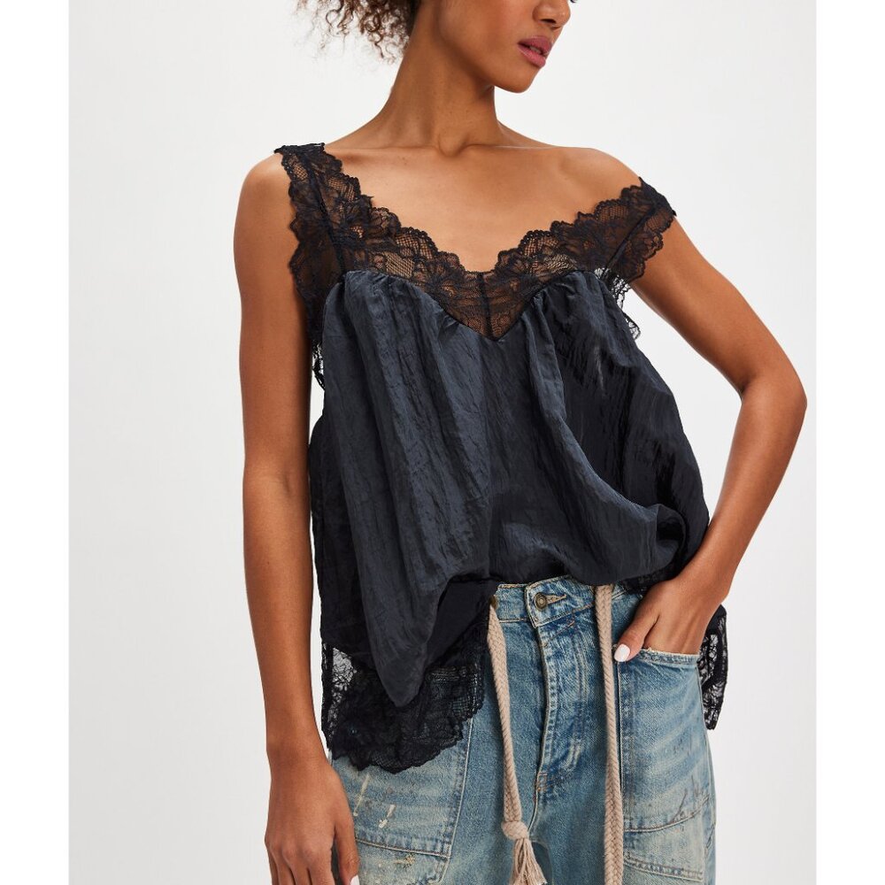 Free People Black Lace Trim Satin Camisole Tank